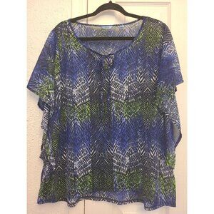 Izod LG Blue Green White Abstract Print Semi-Sheer Flutter Sleeves Sides Tunic
